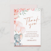 ピンクモダンフローラオ女の子ゾウ赤ちゃんシャワー サンキューカード (正面/裏面)