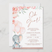 ピンクモダンフローラオ女の子ゾウ赤ちゃんシャワー 招待状 (正面)