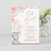 ピンクモダンフローラオ女の子ゾウ赤ちゃんシャワー 招待状 (スタンド正面)
