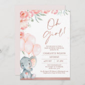 ピンクモダンフローラオ女の子ゾウ赤ちゃんシャワー 招待状 (正面/裏面)