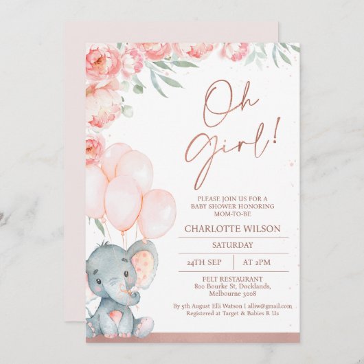 ピンクモダンフローラオ女の子ゾウ赤ちゃんシャワー 招待状 (正面/裏面)