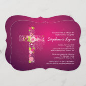 ピンクモダンフローラクロスガールズバプテスマ招待状 招待状 (正面/裏面)