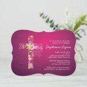 ピンクモダンフローラクロスガールズバプテスマ招待状 招待状 (スタンド正面)