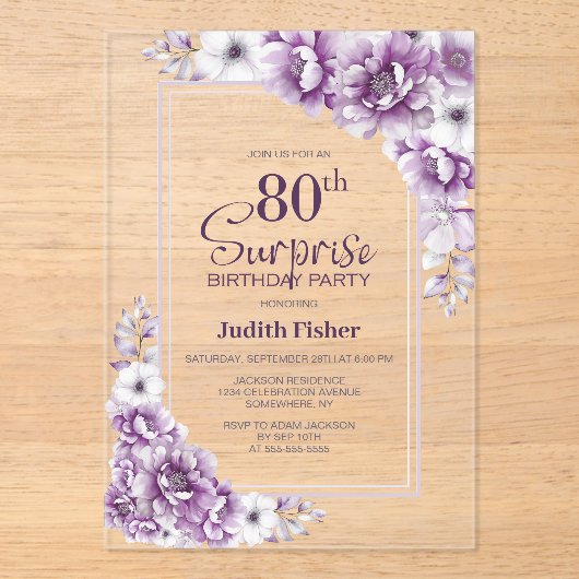 ピンクモダンフローラサプライズ80th誕生日パーティー アクリル招待状 (正面)