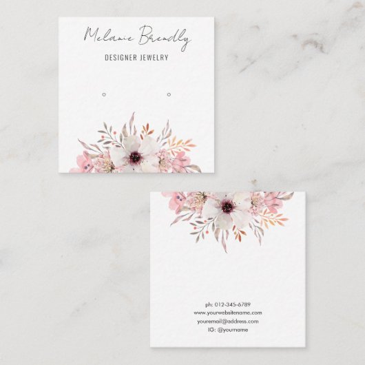 ピンクモダンフローラジュエリーイヤリングディスプレイ スクエア名刺 (正面/裏面)