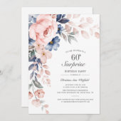 ピンクモダンフローラスクリプトサプライズ60誕生日 招待状 (正面/裏面)