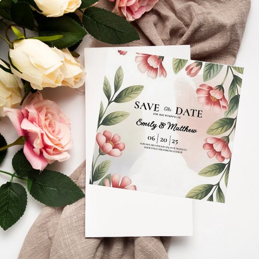 ピンクモダンフローラデザイナー日付の保存 セーブザデート