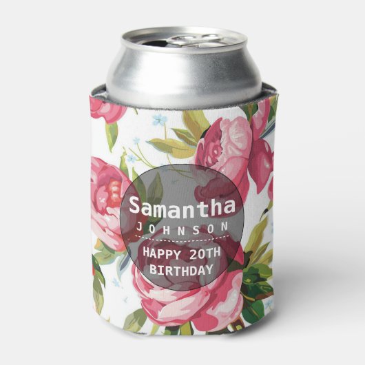 ピンクモダンフローラパーソナライズされた誕生日パーティー 缶クーラー (缶正面)