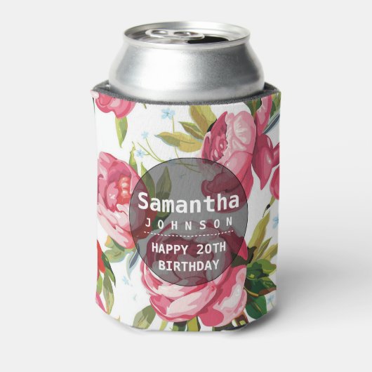 ピンクモダンフローラパーソナライズされた誕生日パーティー 缶クーラー (缶裏面)