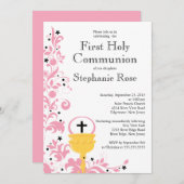 ピンクモダンフローラファースト聖餐式招待状 招待状 (正面/裏面)