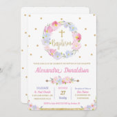 ピンクモダンフローラフラワーズバプテスマ《キリスト教》洗礼式や命名式 招待状 (正面/裏面)