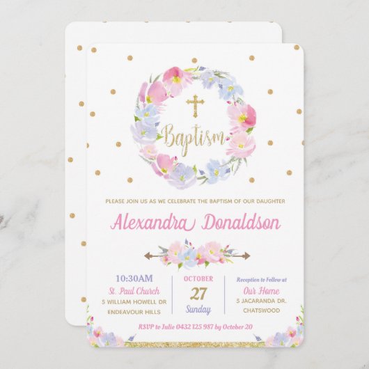 ピンクモダンフローラフラワーズバプテスマ《キリスト教》洗礼式や命名式 招待状 (正面/裏面)