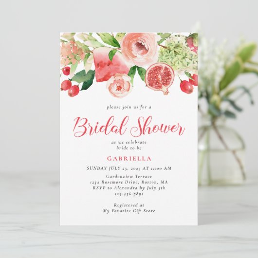 ピンクモダンフローラフルーツウォーターブライダルシャワー 招待状 (スタンド正面)