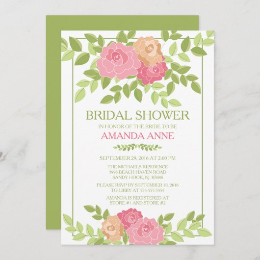 ピンクモダンフローラブライダルシャワー招待 招待状 (正面/裏面)