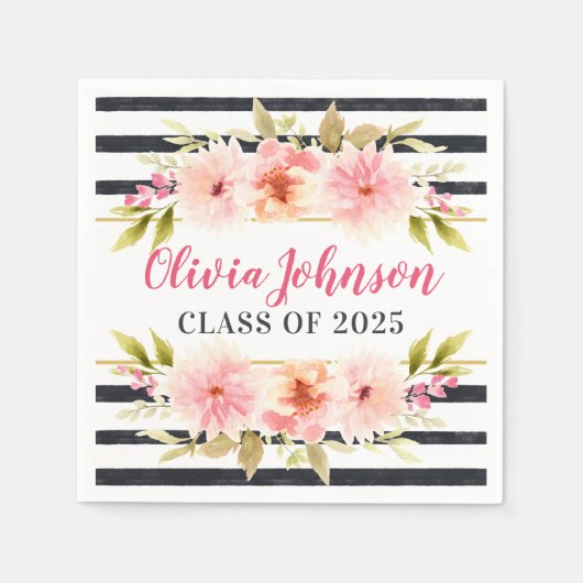 ピンクモダンフローラブラックストライプカスタム卒業 スタンダードカクテルナプキン (正面)
