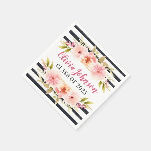 ピンクモダンフローラブラックストライプカスタム卒業 スタンダードカクテルナプキン (角)