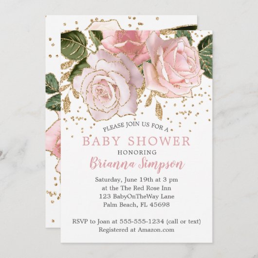 ピンクモダンフローラベビーガールシャワー招待状 招待状 (正面/裏面)