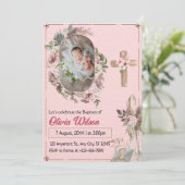 ピンクモダンフローラベビーフォトコラージバプテスマ 招待状 (スタンド正面)