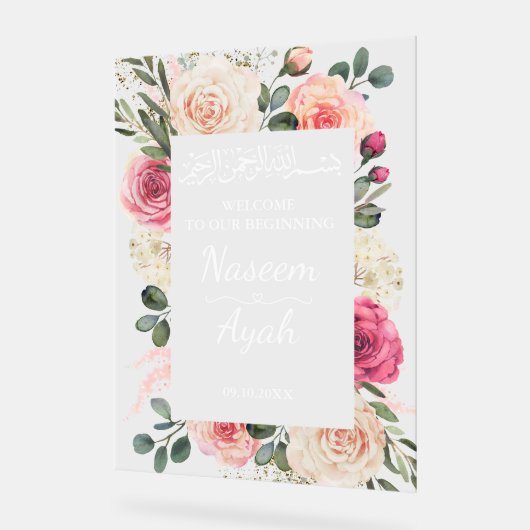 ピンクモダンフローラムスリムイスラム歓迎エントランス アクリルサイン (傾斜)