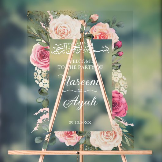 ピンクモダンフローラムスリムイスラム歓迎 アクリルサイン (ニュートラル)