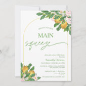 ピンクモダンフローラレモンメインスクイーズブライダルシャワー 招待状 (正面)