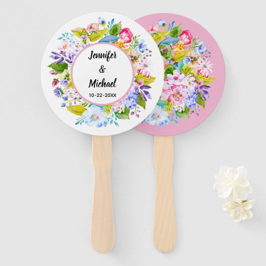 ピンクモダンフローラロマン結婚ティックのゲストファン ハンドファン (正面&裏面)