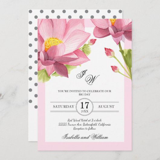 ピンクモダンフローラロータスフラワー結婚式招待状 招待状 (正面/裏面)