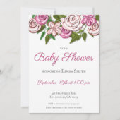 ピンクモダンフローラ図解入りの、写真付きのガールベイビーシャワー 招待状 (正面)