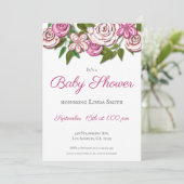 ピンクモダンフローラ図解入りの、写真付きのガールベイビーシャワー 招待状 (スタンド正面)