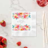 ピンクモダンフローラ水彩ブライダルシャワー 縁ありカクテルナプキン (インサイチュ)