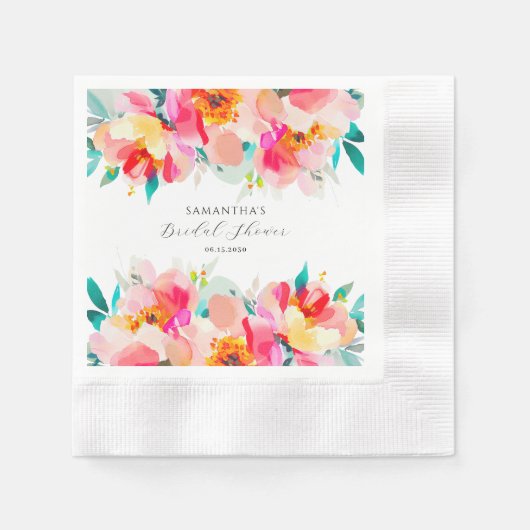 ピンクモダンフローラ水彩ブライダルシャワー 縁ありカクテルナプキン (正面)