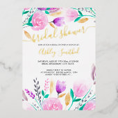 ピンクモダンフローラ水色ブライダルシャワーinvita 箔招待状 (正面)