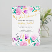 ピンクモダンフローラ水色ブライダルシャワーinvita 箔招待状 (立ち正面)
