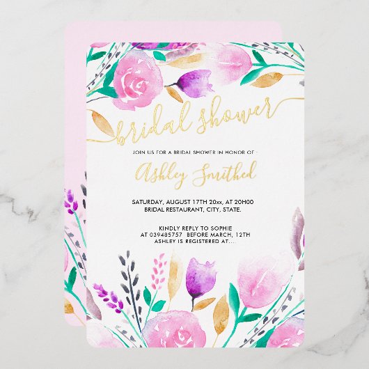 ピンクモダンフローラ水色ブライダルシャワーinvita 箔招待状 (正面/裏面)