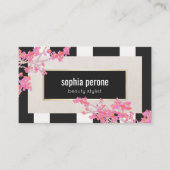 ピンクモダンフローラ白黒ストライプサロン 名刺 (正面)