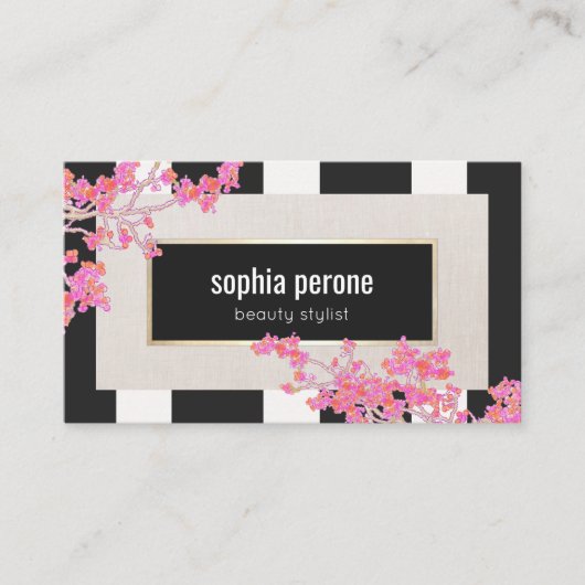 ピンクモダンフローラ白黒ストライプサロン 名刺 (正面)