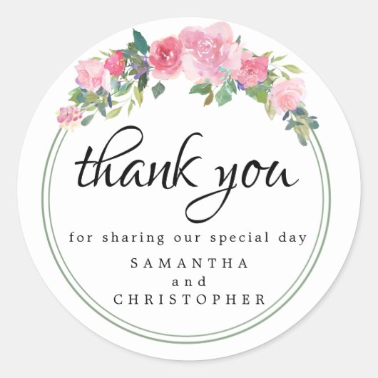 ピンクモダンフローラ結婚式の引き出物ありがとう ラウンドシール (正面)