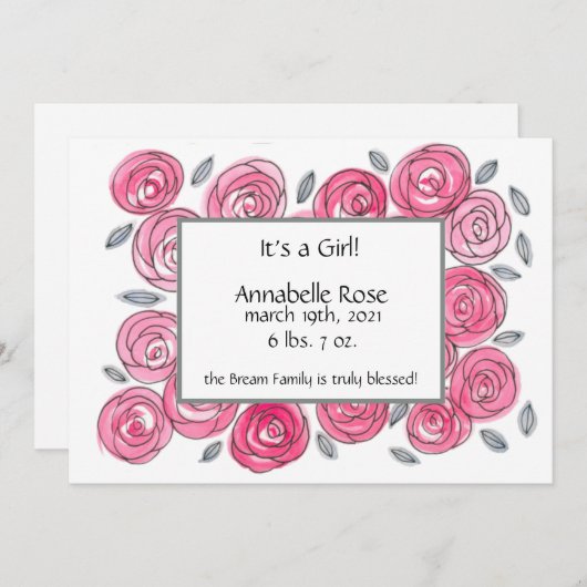 ピンクモダンフローラ誕生発表 案内状 (正面/裏面)