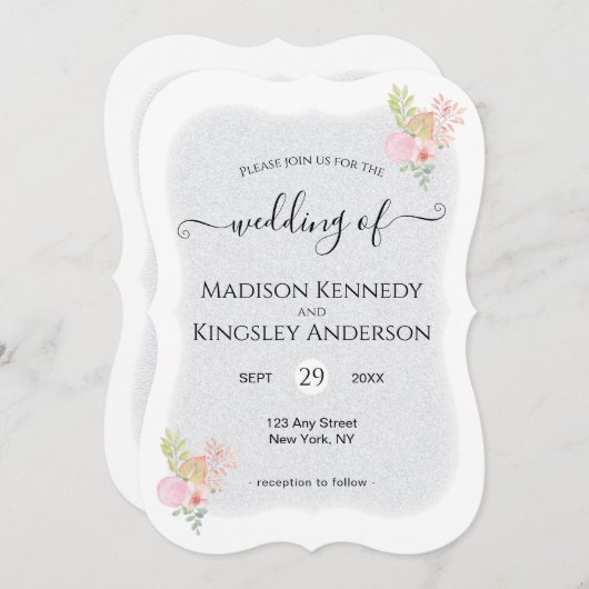 ピンクモダンフローラ驚くべき予算結婚の数 招待状 (正面/裏面)