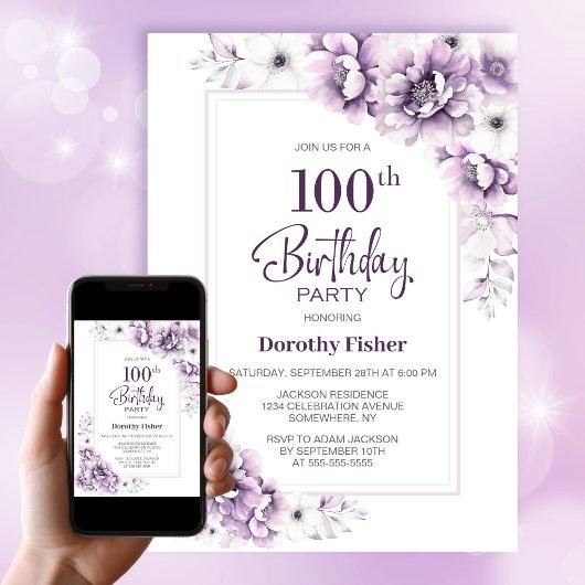 ピンクモダンフローラ100th誕生日パーティー 招待状
