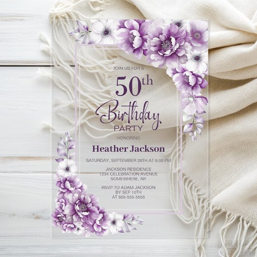 ピンクモダンフローラ50th誕生日パーティー アクリル招待状