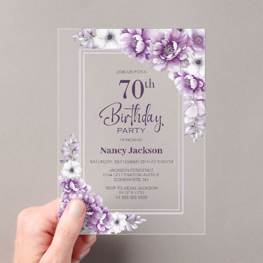 ピンクモダンフローラ70th誕生日パーティー アクリル招待状 (インサイチュ (ポータブル))