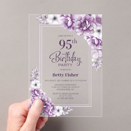 ピンクモダンフローラ95th誕生日パーティー アクリル招待状 (インサイチュ (ポータブル))