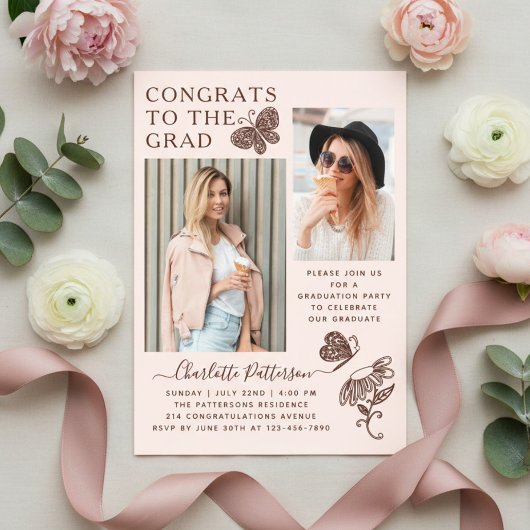 ピンクモダンブラウンバタフライ写真卒業パーティー アクリル招待状