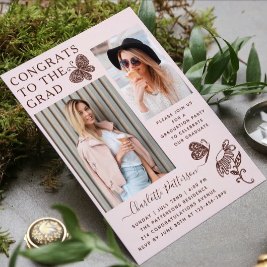 ピンクモダンブラウンバタフライ写真卒業パーティー 招待状