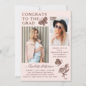 ピンクモダンブラウンバタフライ写真卒業パーティー 招待状 (正面)