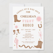ピンクモダンブラウン女性のカーボーイファーストRodeo 1歳の誕生日 招待状 (正面)