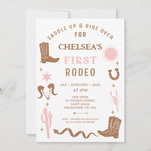 ピンクモダンブラウン女性のカーボーイファーストRodeo 1歳の誕生日 招待状 (正面)
