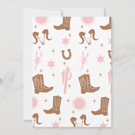 ピンクモダンブラウン女性のカーボーイファーストRodeo 1歳の誕生日 招待状 (裏面)
