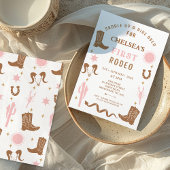 ピンクモダンブラウン女性のカーボーイファーストRodeo 1歳の誕生日 招待状